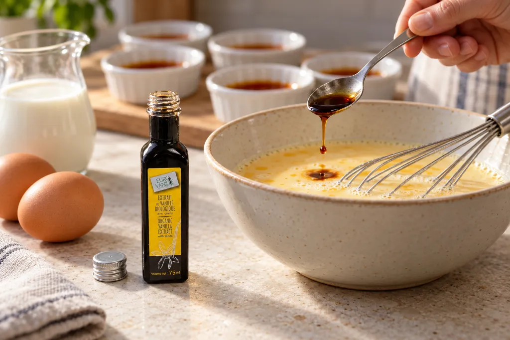 Extracto de vainilla Bourbon BIO de 75 ml abierto, preparando flan en la cocina