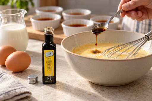 Extracto de vainilla Bourbon BIO de 75 ml abierto, preparando flan en la cocina