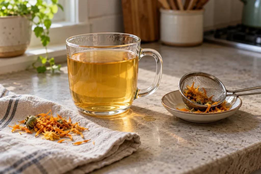 Taza de infusión de caléndula de color dorado sobre un mesado, junto a flores secas y un colador